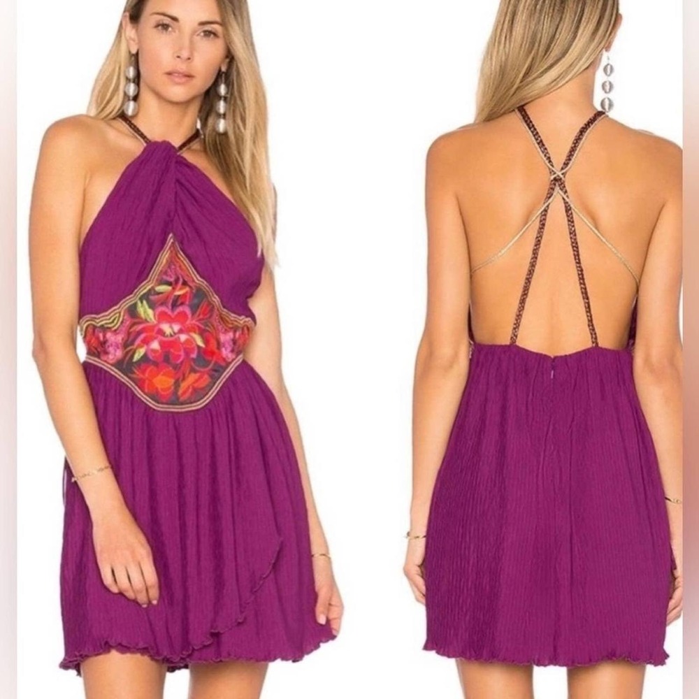 Free People Intimately Purple Floral Embroidered Halter Mini‎ Dress Strappy Back
